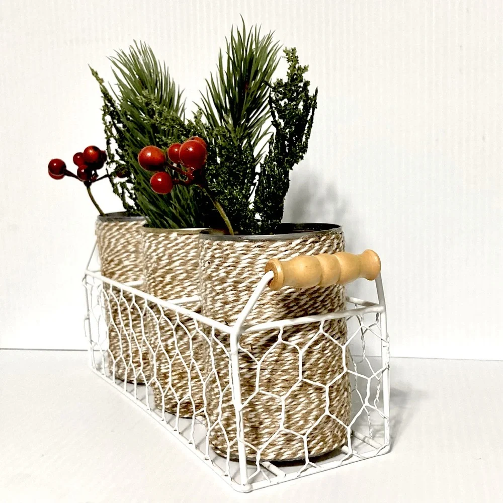 Farmhouse Shabby Chic Chicken Wire Basket Caddy Server 3 Twine Wrapped Cans